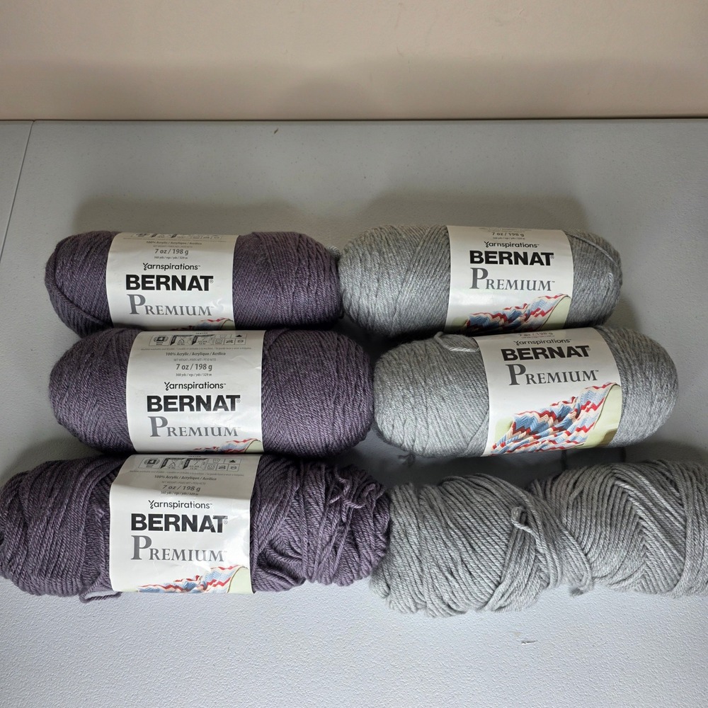 Bernat Premium Yarn Lot 6 Skeins 7oz Grand Violet Grey Worsted Acrylic 4 Medium